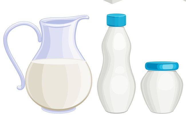 Milk dairy products icons set. Yogurt cream kefir milk in assorted containers - jug jar box plastic and glass. Milk drop symbols. Vector illustration.