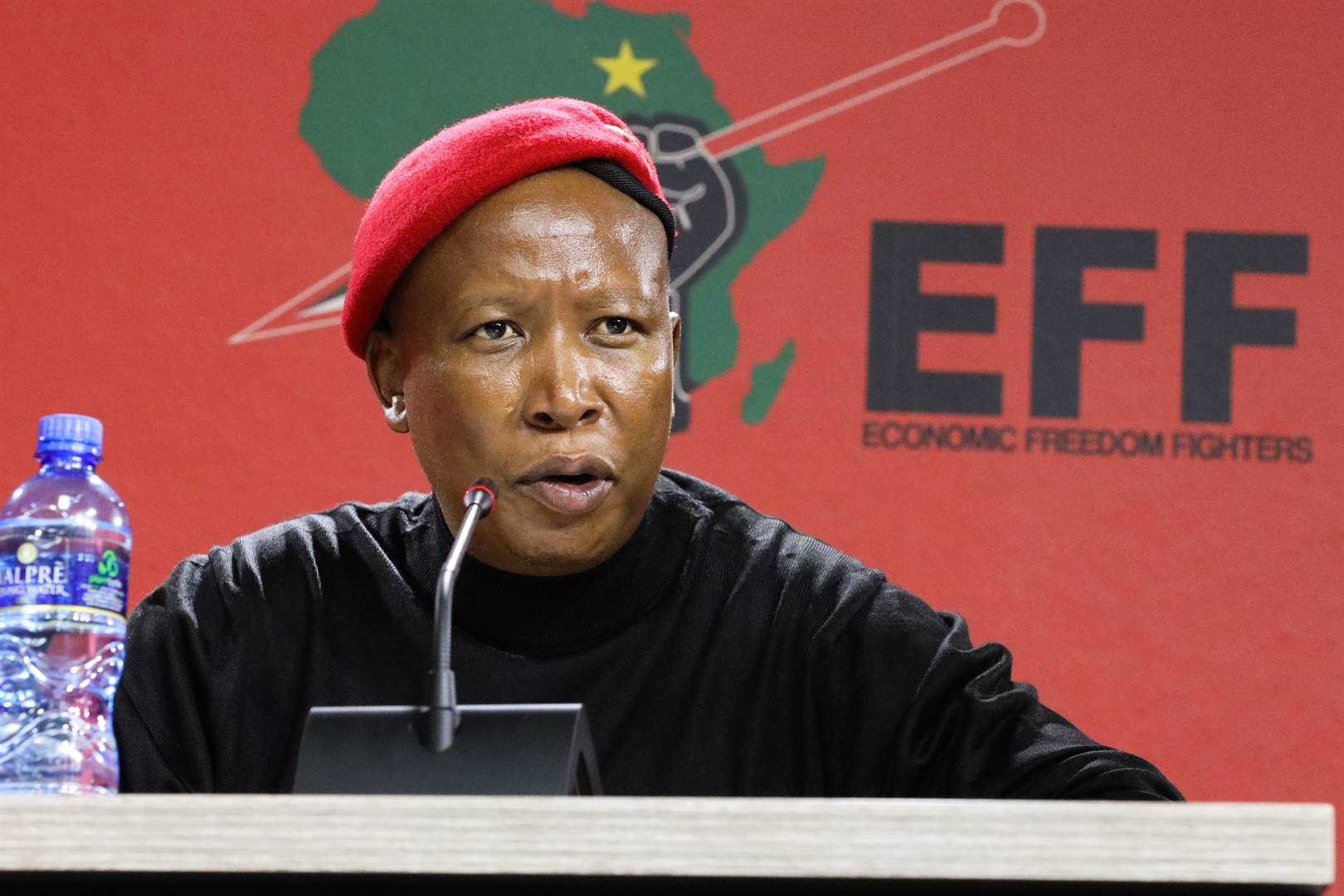 Economic Freedom Fighters (EFF) leader Julius Malema addresses the media at Winnie Madikizela Mandela House on June 07, 2022 in Johannesburg, South Africa. Malema clarified the party's position on the criminal case laid against President Cyril Ramaphosa by former spy boss Arthur Fraser. (Photo by Gallo Images/Luba Lesolle)Photo by 