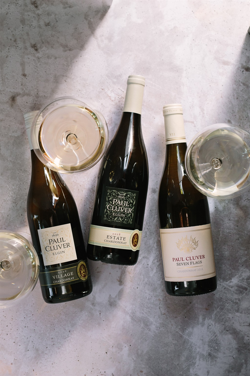 A trio of Paul Clüver Chardonnay with the award-winning Seven Flags on the right. 
