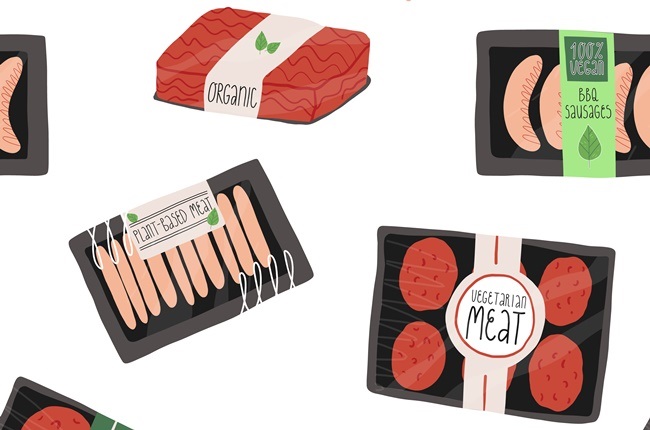 Various plant-based meat packs seamless pattern. Hand-drawn vegan minced, vegetarian BBQ sausages, patties and others. Vector isolated illustration.