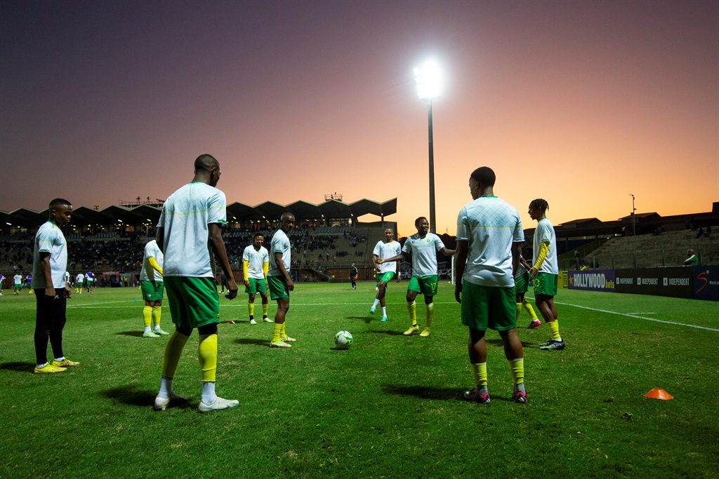 DURBAN, SOUTH AFRICA - JULY 14: South Africa warms up during the 2023 COSAFA Cup semi final match between South Africa and Zambia at King Zwelithini Stadium on July 14, 2023 in Durban, South Africa. (Photo by Rogan Ward/Gallo Images)