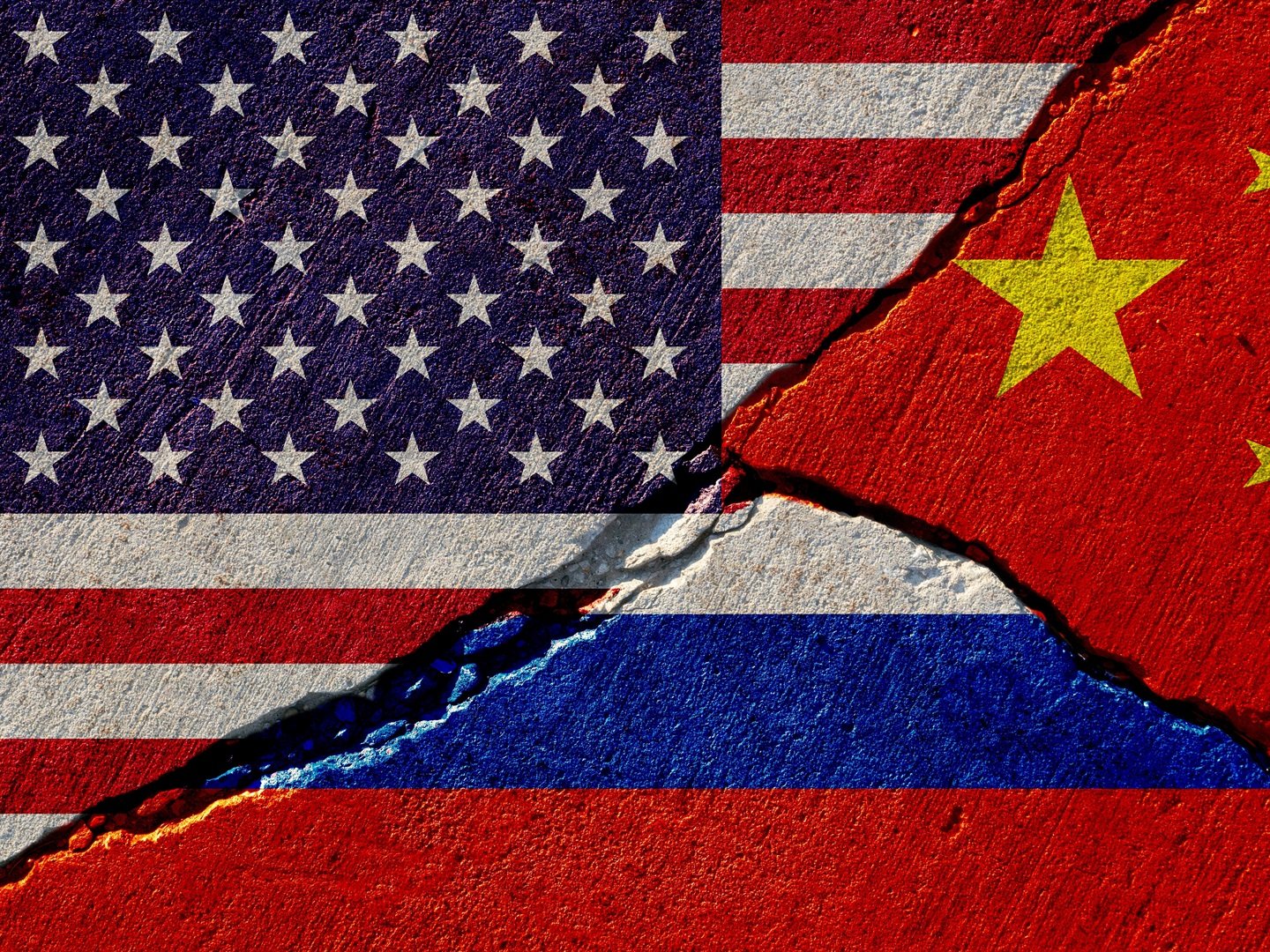 US, Russia, China flags.