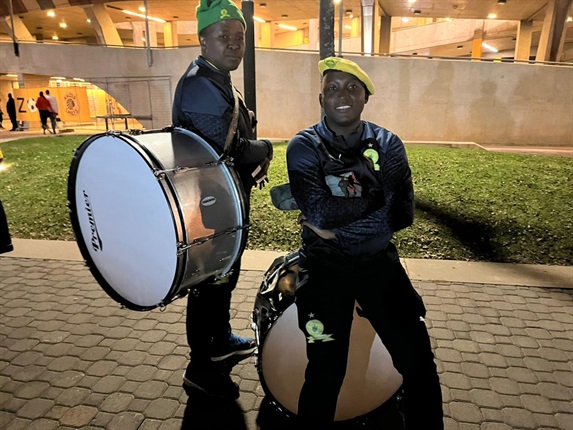 Lebohang Nkosi, also known as Zuma (in the yellow beret) is one of the people who fuel the yellow nation with his drum. He says it’s important that fans also play their part in getting their teams to win. He is also confident of a win, saying they are here to show a “so-called big team” how to play football. - Njabulo Ngidi