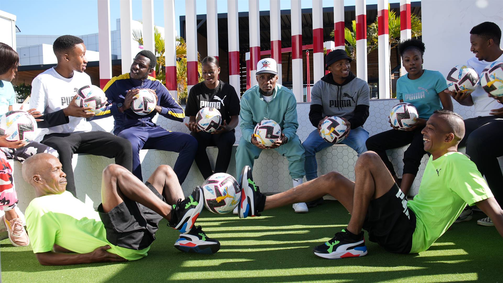 Teko Modise and freestyle footballers at the launch of the new LaLiga match ball. Photo: Supplied