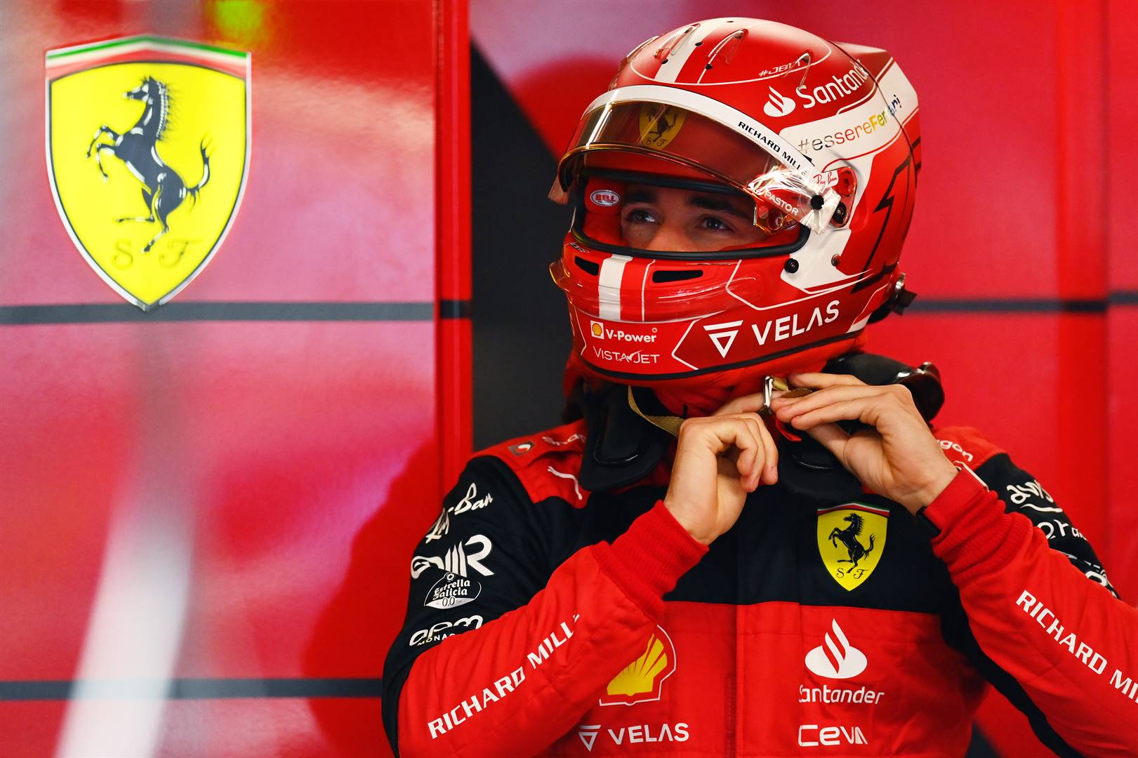 Ferrari driver Charles Leclerc strapping up during practice ahead of the Canadian Grand Prix in Montreal. Photo: Dan Mullan/Getty Images