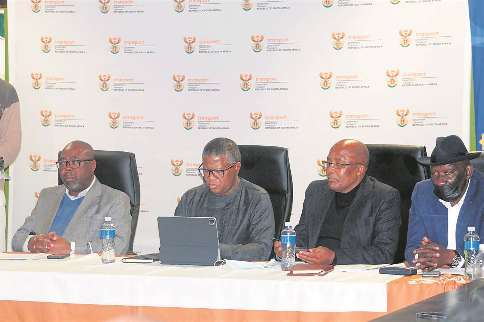 Ministers Thulas Nxesi, Fikile Mbalula, Aaron Motsoaledi and Bheki Cele at a media briefing with the freight and trucking industry.        Photo by Kgomotso Medupe