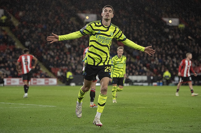 Arsenal's Kai Havertz celebrates scoring his team’s fourth goal in the Premier League match against Sheffield United at Bramall Lane in Sheffield on 4 March 2024. (Photo by Joe Prior/Visionhaus via Getty Images)