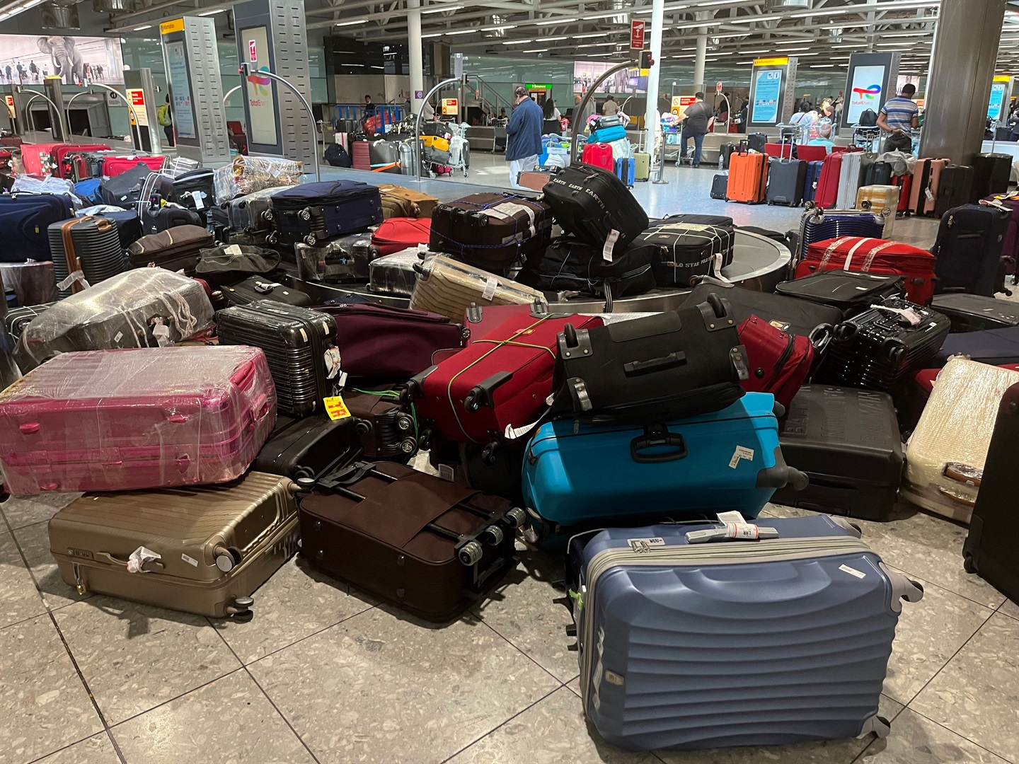 Uncollected suitcases at London Heathrow Airport on July 8, 2022. Paul Ellis/AFP/Getty Images