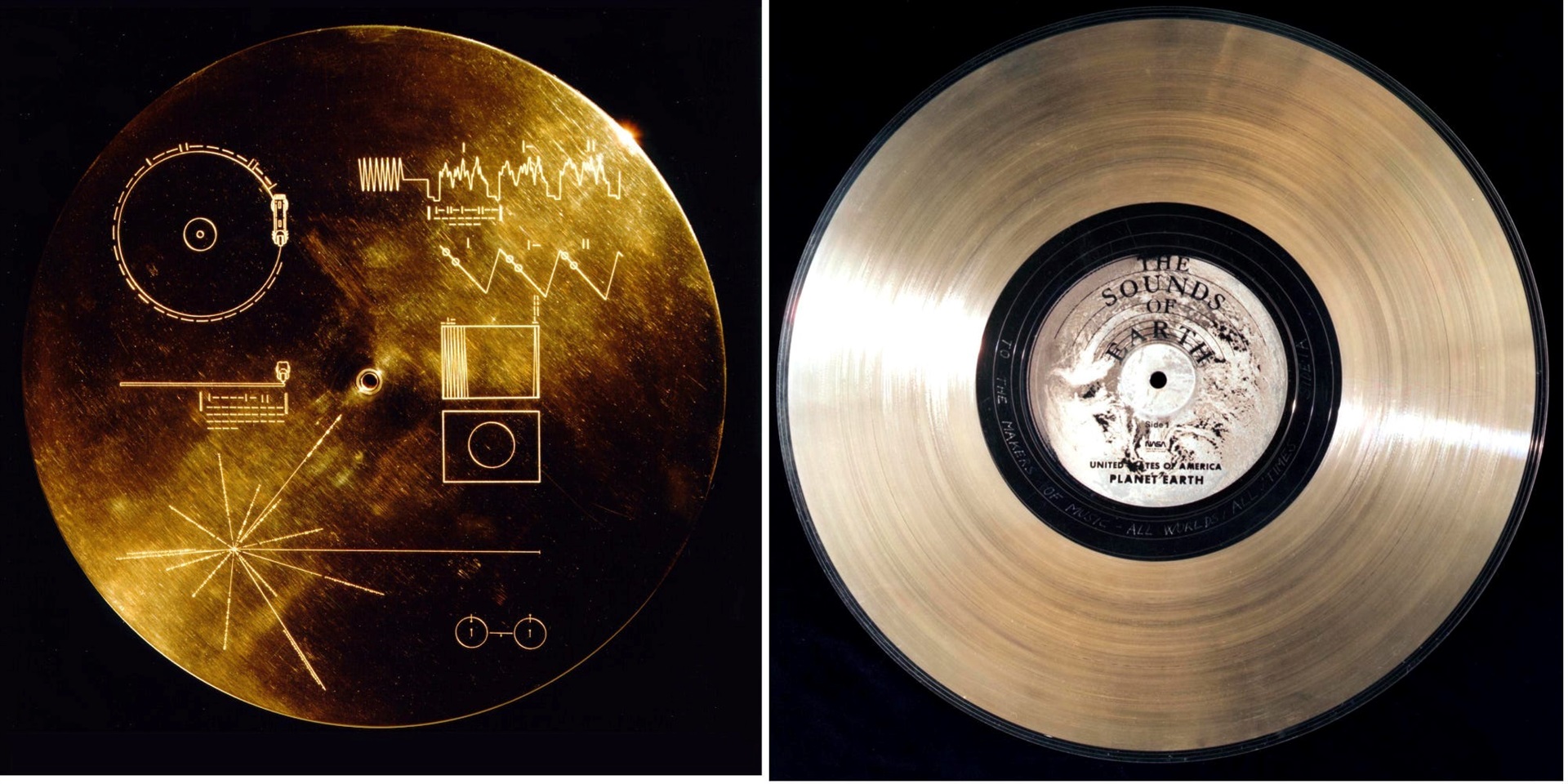 A collage shows the two sides of NASA's golden record, which is onboard the Voyager probes. NASA/Insider