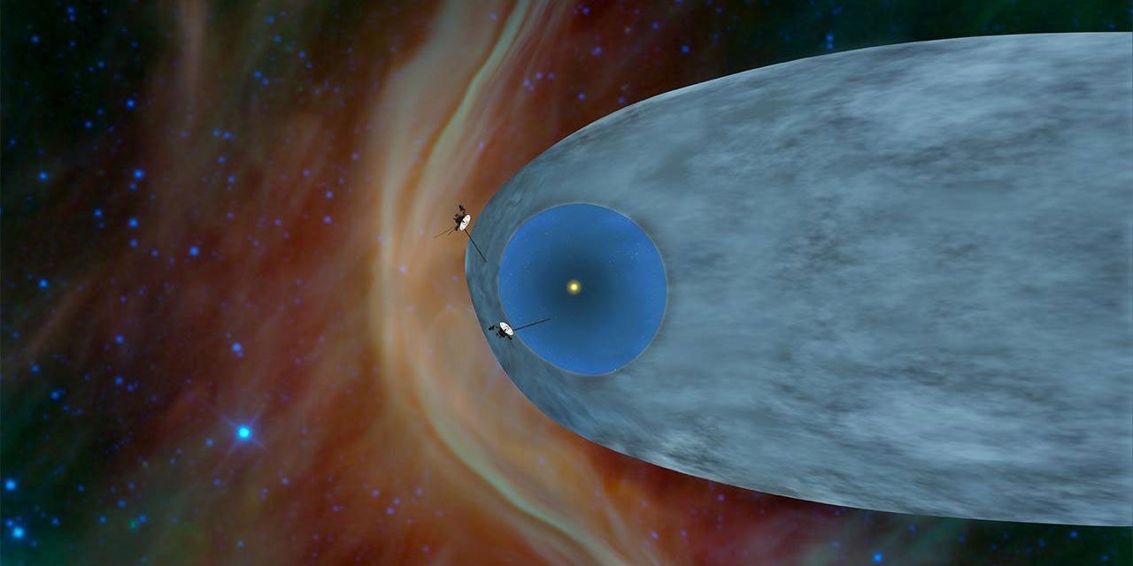 This artist's concept shows the general locations of NASA's two Voyager spacecraft. Voyager 1 (top) has sailed beyond our solar bubble into interstellar space, the space between stars. NASA/JPL-Caltech