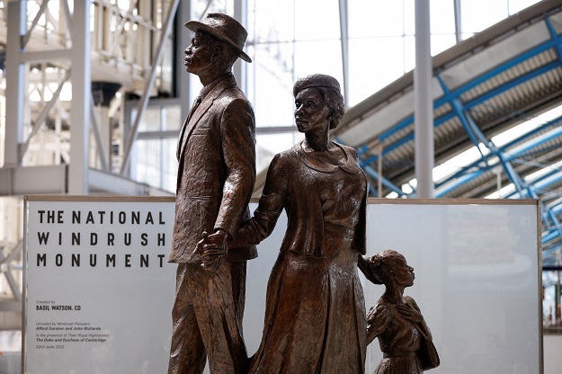 The National Windrush Monument created by Jamaican artist Basil Watson is unveiled at Waterloo Station in London.