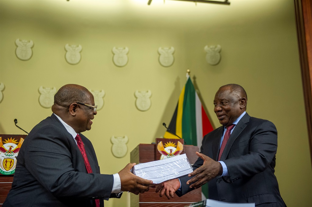 President Cyril Ramaphosa receives the fifth and final Judicial Commission of Inquiry into Allegations of State Capture, Corruption and Fraud in the Public Sector including Organs of State Report at Union Buildings on June 22, 2022 in Pretoria, South Africa. The Judicial commission began its work in August 2017 and it has thus far presented Part One to Part Four of the reports. (Photo by Gallo Images/Alet Pretorius)