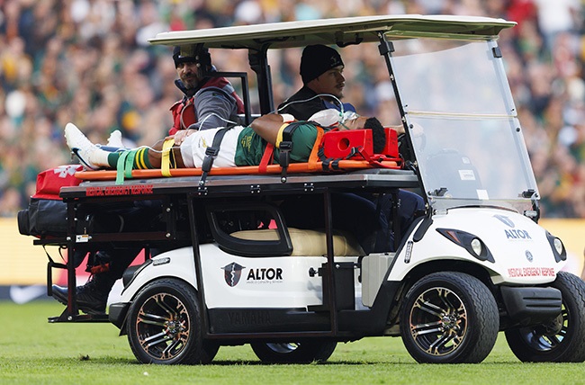 Springbok scrumhalf Grant Williams is stretchered off at Ellis Park. (Photo by Dirk Kotze/Gallo Images)