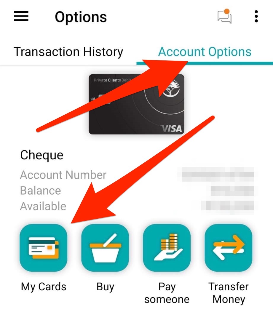 A screenshot of the FNB app, with arrows indicatin