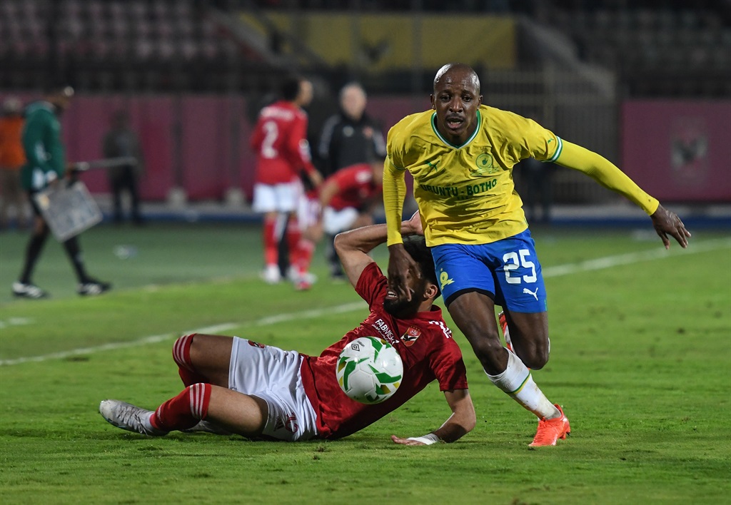 Khuliso Mudau of Mamelodi Sundowns during the CAF Champions League match between Al Ahly and Mamelodi Sundowns at Al Salam Stadium on February 25, 2023 in Cairo, Egypt. 
