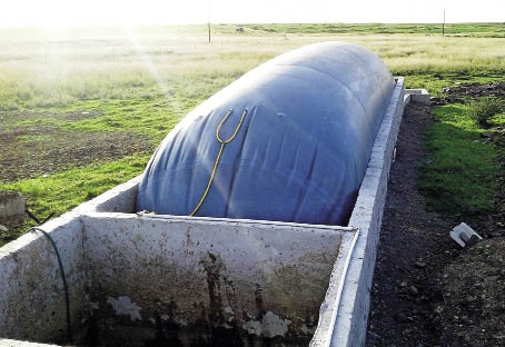 Hier is twee voorbeelde van die 50 m3-biogassakke wat boere op hul plase geïnstalleer het.