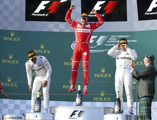 <p><strong>2017 Australian Grand Prix results:&nbsp;</strong></p>1. Sebastian Vettel (GER/Ferrari) at 1hr 24min 11.670 sec<br />2. Lewis Hamilton (GBR/Mercedes) at 9.975<br />3. Valtteri Bottas (FIN/Mercedes) at 11.250<br />4. Kimi Raikkonen (FIN/Ferrari) at 22.393<br />5. Max Verstappen (NED/Red Bull) at 28.827<br />6. Felipe Massa (BRA/Williams) at 1:23.386<br />7. Sergio Perez (MEX/Force India) at 1 lap<br />8. Carlos Sainz Jr (ESP/Toro Rosso) at 1 lap<br />9. Daniil Kvyat (RUS/Toro Rosso) at 1 lap<br />10. Esteban Ocon (FRA/Force India) at 1 lap<br />11. Nico Hulkenberg (GER/Renault) at 1 lap<br />12. Antonio Giovinazzi (ITA/Sauber) at 2 laps<br />13. Stoffel Vandoorne (BEL/McLaren) at 2 laps<br /><strong>Not classified:</strong><br />Fernando Alonso (ESP/McLaren) retired 50 laps<br />Kevin Magnussen (DEN/Haas) retired 46 laps<br />Lance Stroll (CAN/Williams) retired 40 laps<br />Daniel Ricciardo (AUS/Red Bull) retired 25 laps<br />Marcus Ericsson (SWE/Sauber) retired 21 laps<br />Jolyon Palmer (GBR/Renault) retired 15 laps<br />Romain Grosjean (FRA/Haas) retired 13 laps<br /><strong>Overall standings after one race:</strong><br /><strong>Drivers:</strong><br />1. Vettel 25 pts<br />2. Hamilton 18<br />3. Bottas 15<br />4. Raikkonen 12<br />5. Verstappen 10<br />6. Massa 8<br />7. Perez 6<br />8. Sainz Jr 4<br />9. Kvyat 2<br />10. Ocon 1<br /><strong>Constructors:</strong><br />1. Ferrari 37 pts<br />2. Mercedes 33<br />3. Red Bull 10<br />4. Williams 8<br />5. Force India 7<br />6. Toro Rosso 6<p><em></em></p>
