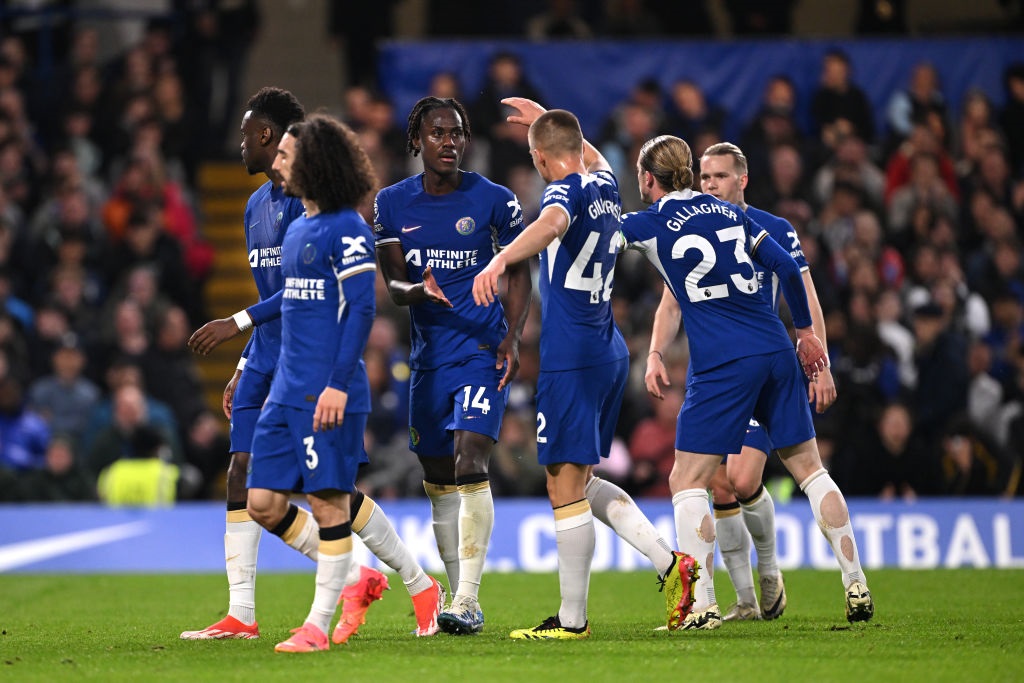 LONDON, ENGLAND - MAY 02: Trevoh Chalobah of Chelsea is congratulated by teammates after blocking a shot during the Premier League match between Chelsea FC and Tottenham Hotspur at Stamford Bridge on May 02, 2024 in London, England. (Photo by Mike Hewitt/Getty Images)