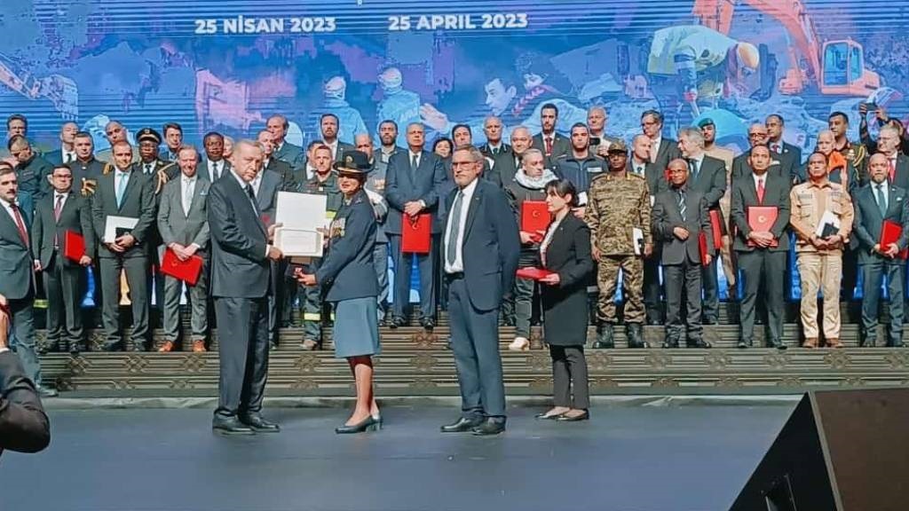 South African police and K9 Unit member Brigadier Vimla Moodley received an award from Turkish President Recep Tayyip Erdogan for her rescue efforts during the earthquake.