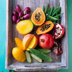 Fruit and veg on a wooden board