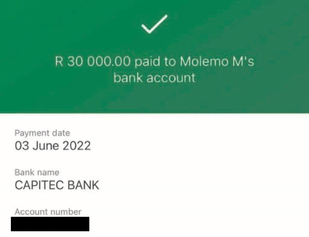 The record of a payment made to Molemo Maarohanye.