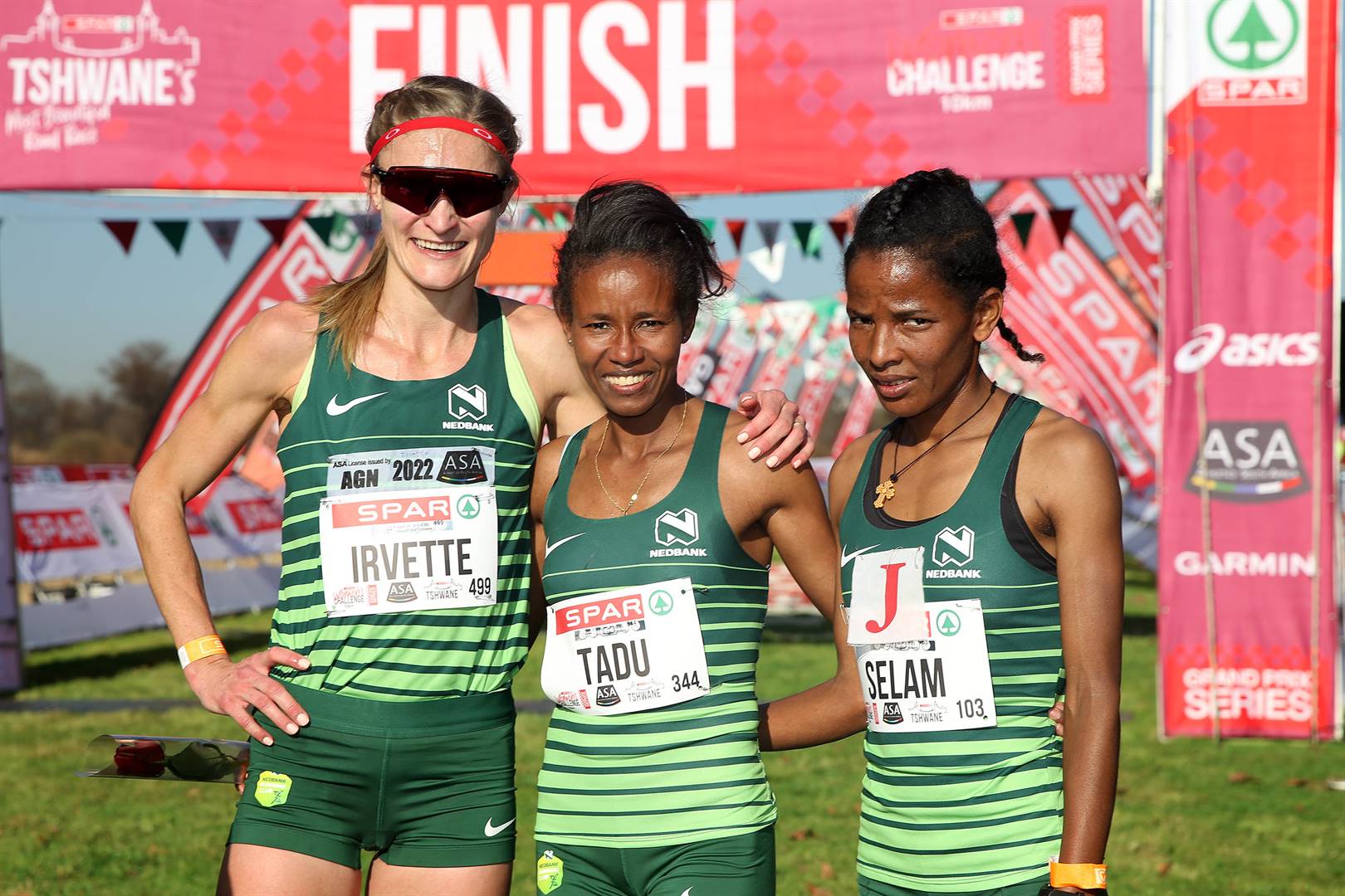 The top three finishers of the Tshwane Spar Grand Prix race in Irene on Saturday (from left) Irvette van Zyl, Tadu Nare and Selam Gebre. Photo: Reg Caldecott