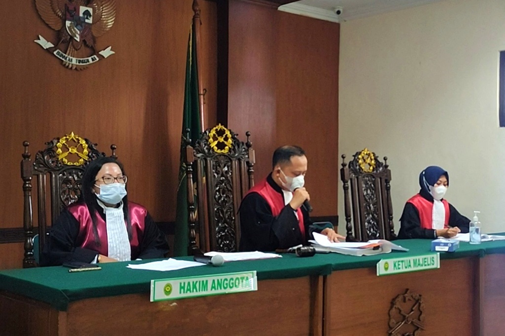 Judges in court for the sentencing of a dog meat trader in Kulon Progo, Yogyakarta on 21 October 2021, in a landmark case hailed by animal rights activists pushing for a ban on the 'brutal' practice.