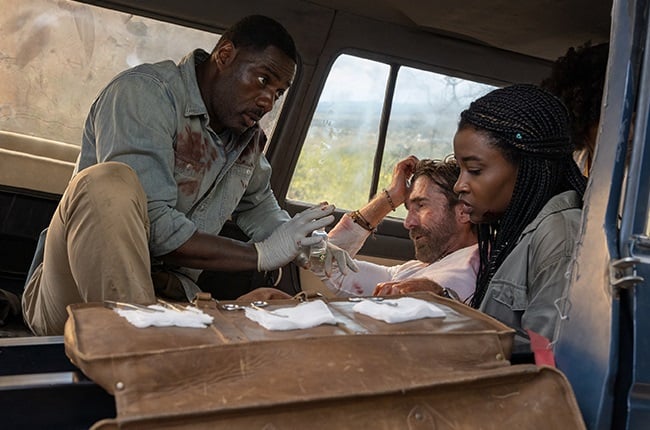 Idris Elba, Sharlto Copley, Iyana Halley and Leah Sava Jeffries in Beast.