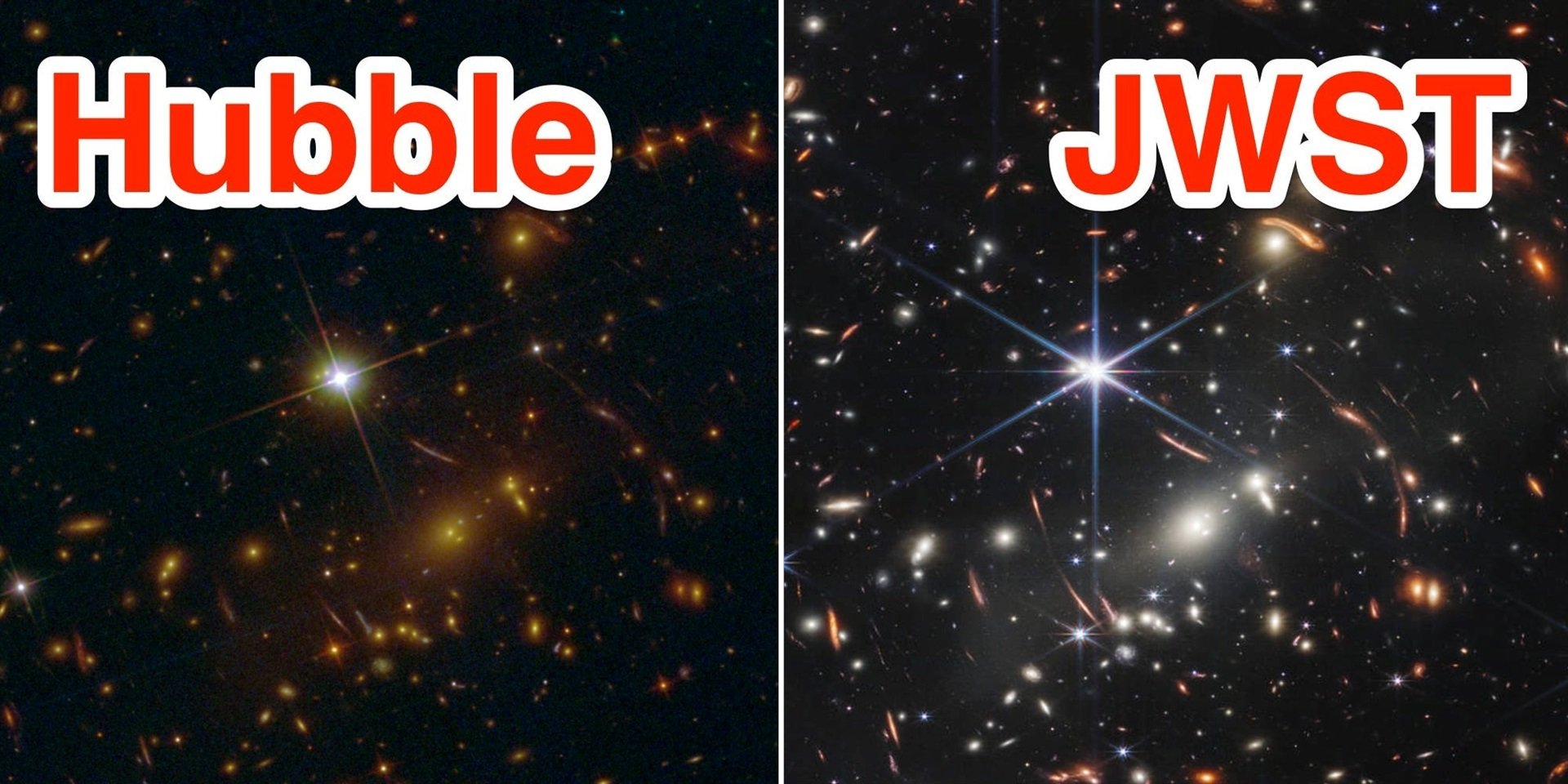 Side-by-side images show the first picture released from the James Webb telescope, next to the equivalent picture taken by Hubble. NASA/STScI; NASA/ESA/CSA/STScI