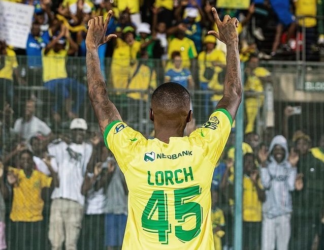 Ex-Orlando pirates star Thembinkosi Lorch celebrates after Mamelodi Sundowns' victory over Kaizer Chiefs