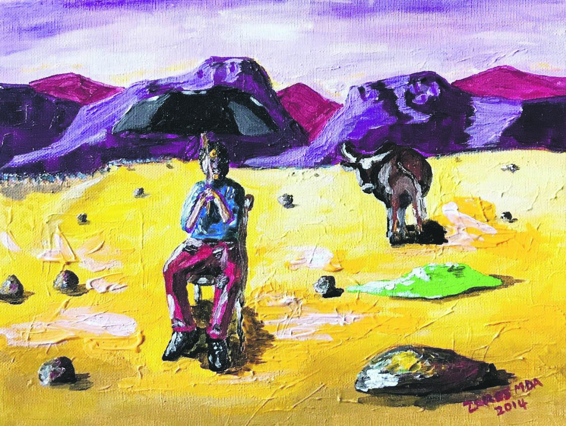  A painting by Zakes Mda from the Man in a Green Blanket series, recalling the Marikana tragedy Photo: Zakes Mda/ Facebook