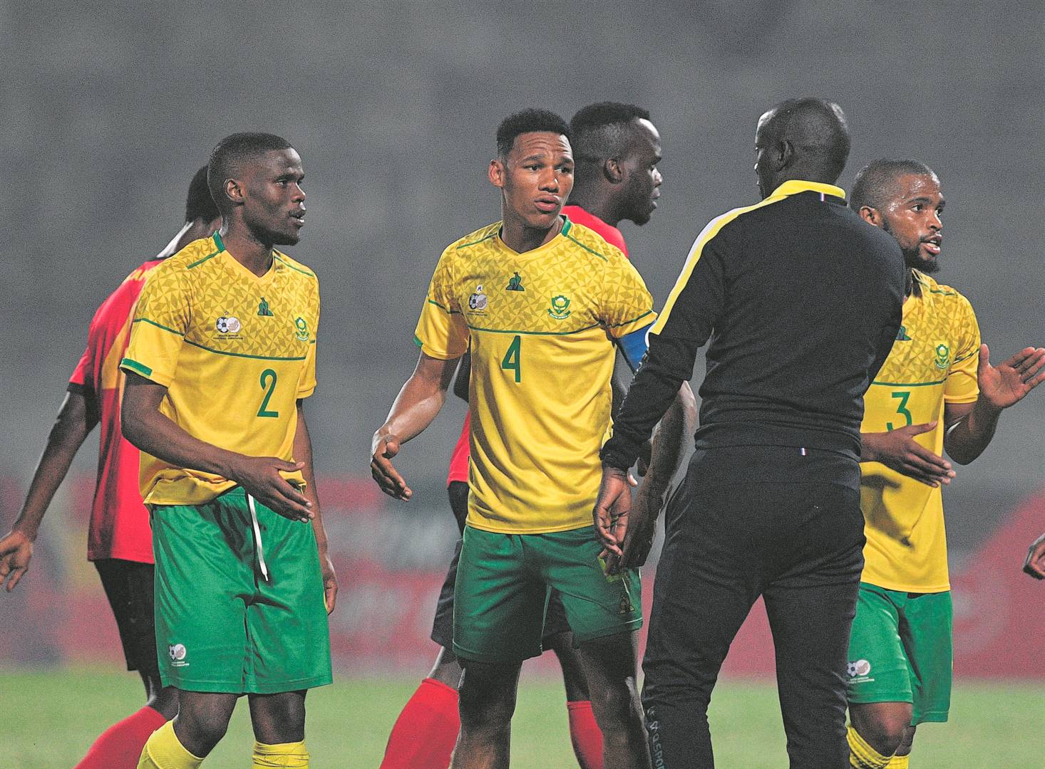 Bafana Bafana Cosafa Cup coach, Helman Mkhalele, and his boys lost the Cosafa Cup in the quarter-final to Mozambique at King Zwelithini Stadium on Wednesday. Photo: Sydney Mahlangu/BackpagePix