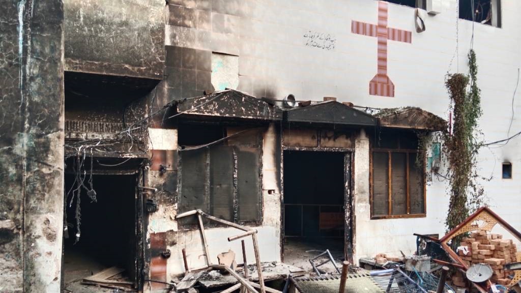 This is a view of a burnt church on the outskirts 