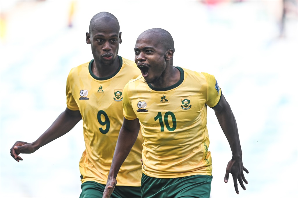 Percy Tau of South Africa celebrates scoring  during the 2026 FIFA World Cup, Qualifier match between South Africa and Benin at Moses Mabhida Stadium on November 18, 2023 in Durban, South Africa. (Photo by Darren Stewart/Gallo Images)