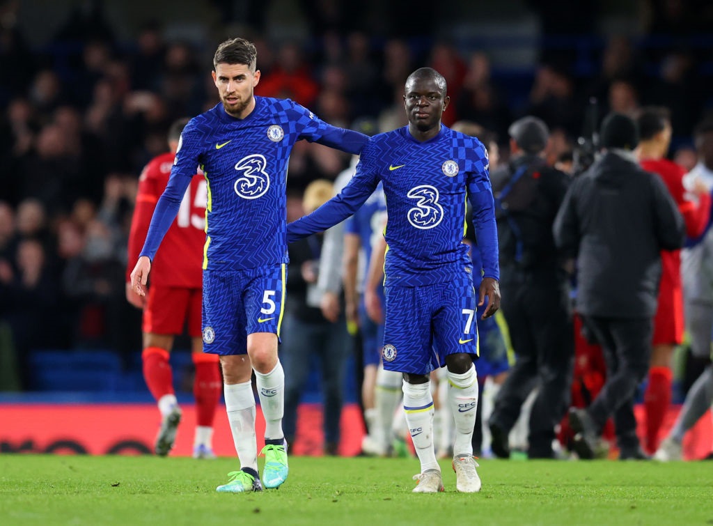 LONDON, ENGLAND - JANUARY 02: Jorginho and NGolo Kante of Chelsea at the end of the Premier League match between Chelsea  and  Liverpool at Stamford Bridge on January 02, 2022 in London, England. (Photo by Catherine Ivill/Getty Images)