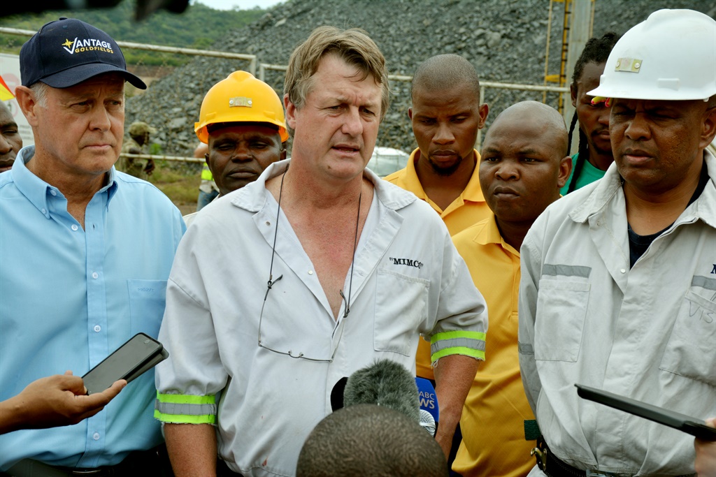 Vantage Goldfiends CEO Mike Mckenzie, Mine Operations Director Mike Bigg and AMCU President Joseph Mathunjwa giving reporters an update on the rescue operation. Photo by Lwazi Raul Photo by   