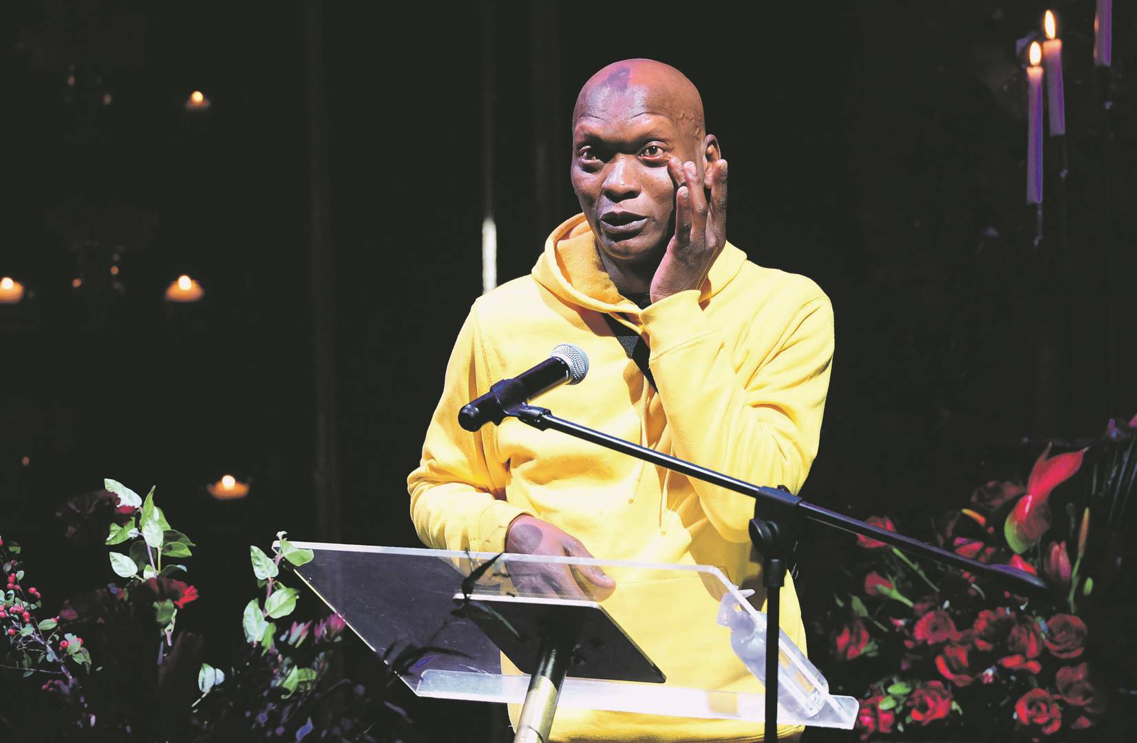 Warren Masemola and Thuli Thabethe speak fondly about their friendships with Busi Lurayi (inset) during her memorial service at the Market Theatre in Joburg.     Photos by                  Morapedi Mashashe