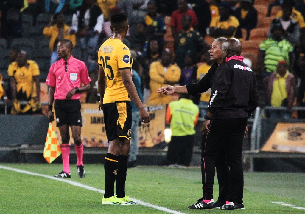 Kaizer Chiefs centre-back Given Msimango and head coach Cavin Johnson during the match between Kaizer Chiefs and Mamelodi Sundowns at FNB Stadium on 3 May 2024.
