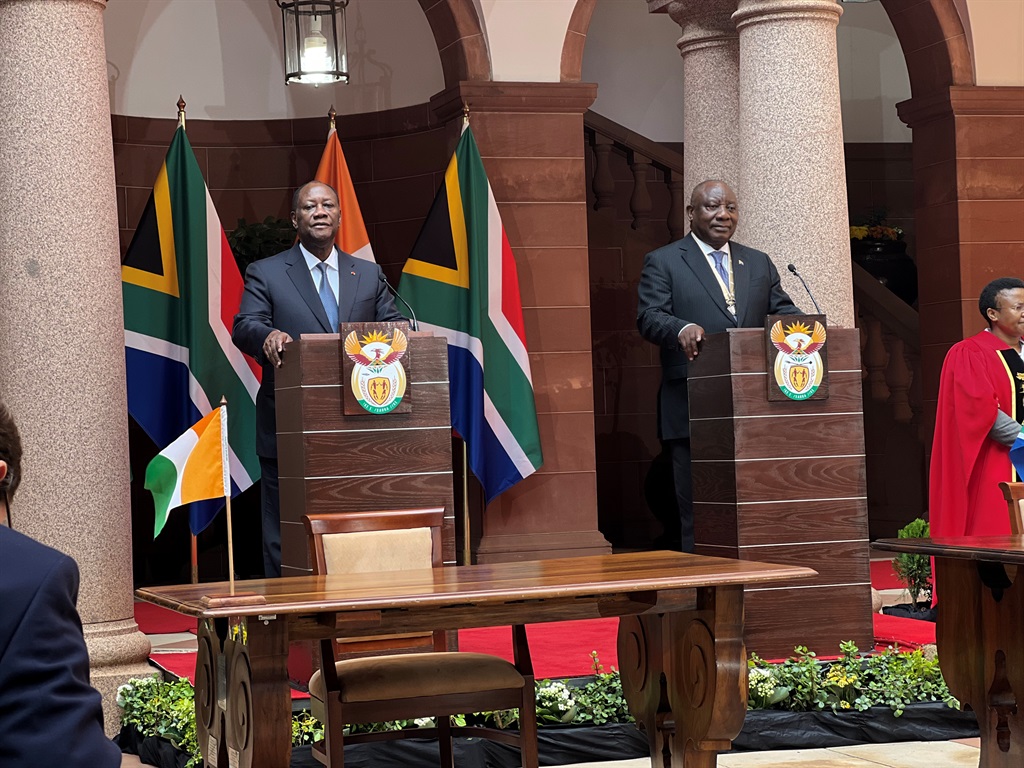 Ivorian Coast President Alassane Ouattara and President Cyril Ramaphosa during a state visit at the Union Buildings on Friday. 