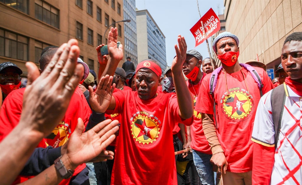 National Union of Metalworkers of South Africa members demonstrating in Johannesburg.