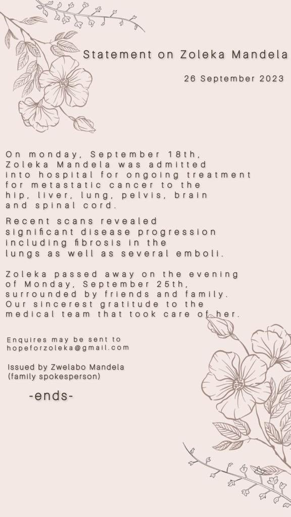 The Mandela family announced Zoleka's death in a s