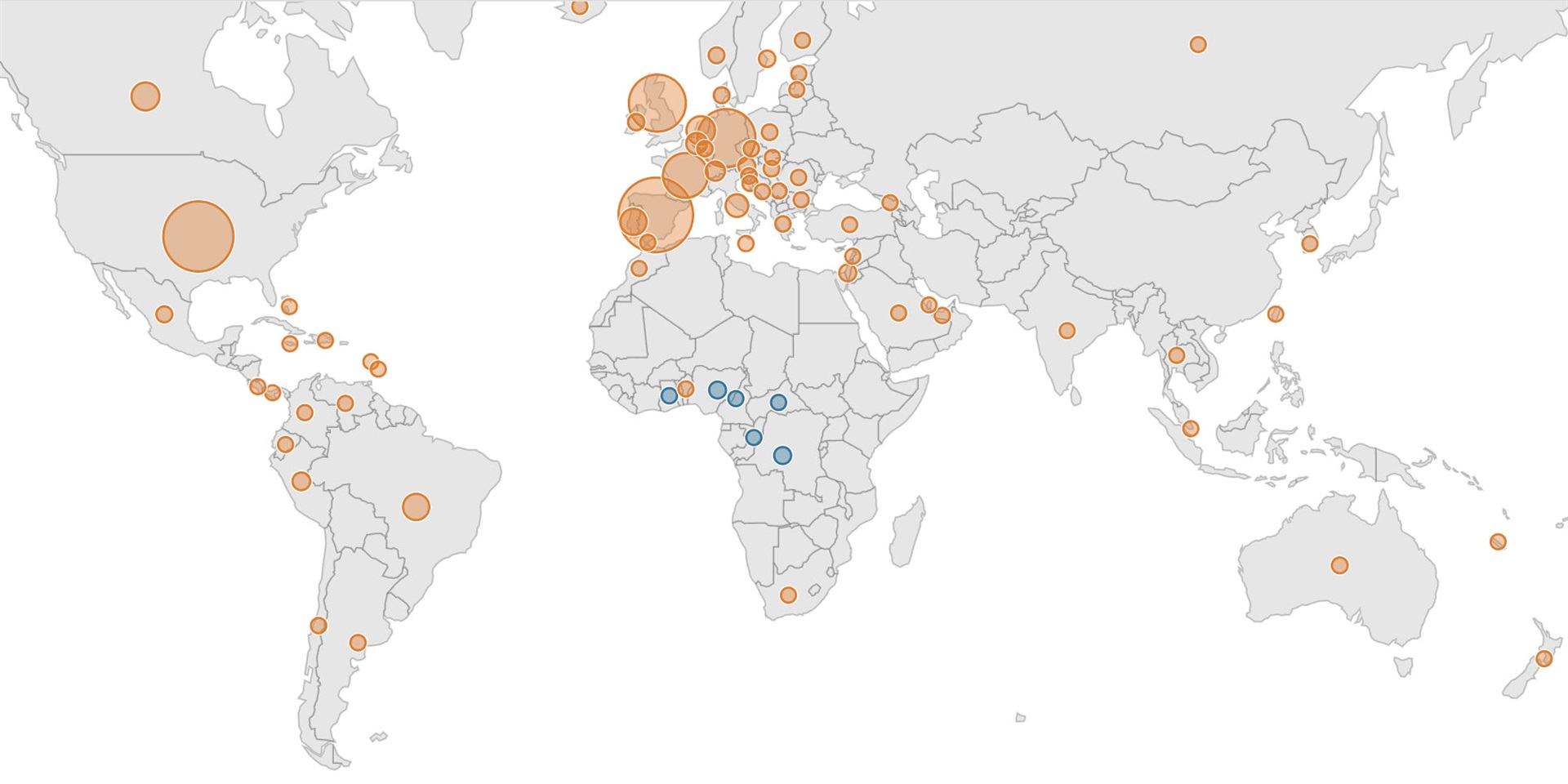 This map shows reported cases of monkeypox in teh 2022 outbreak. Blue circles: countries that have historically reported monkeypox, orange circles: countries that have not historically reported monkeypox. CDC