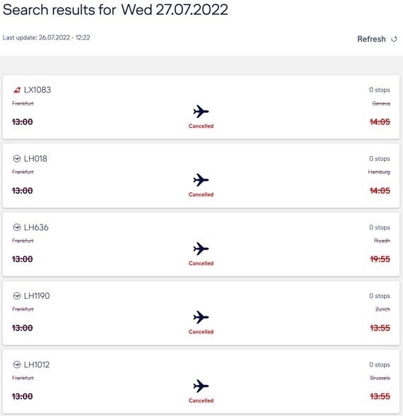 A screenshot of Lufthansa's site on Tuesday showing Wednesday's flights being canceled. Grace Dean