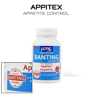 CNT Labs' Appitex Appetite Control product with the "Approved Banting Friendly" logo on its website.  