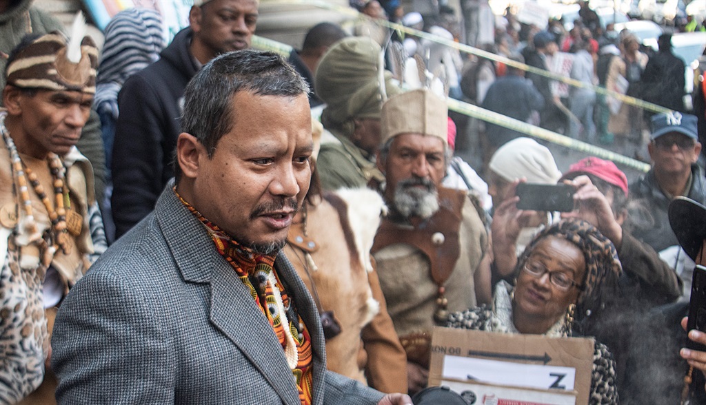 Tauriq Jenkins, high commissioner of the Goringhaicona Khoi Khoin Indigenous Traditional Council, addresses at the Western Cape High Court on 27 July 2022 in Cape Town, South Africa. (Photo by Gallo Images/Brenton Geach)
