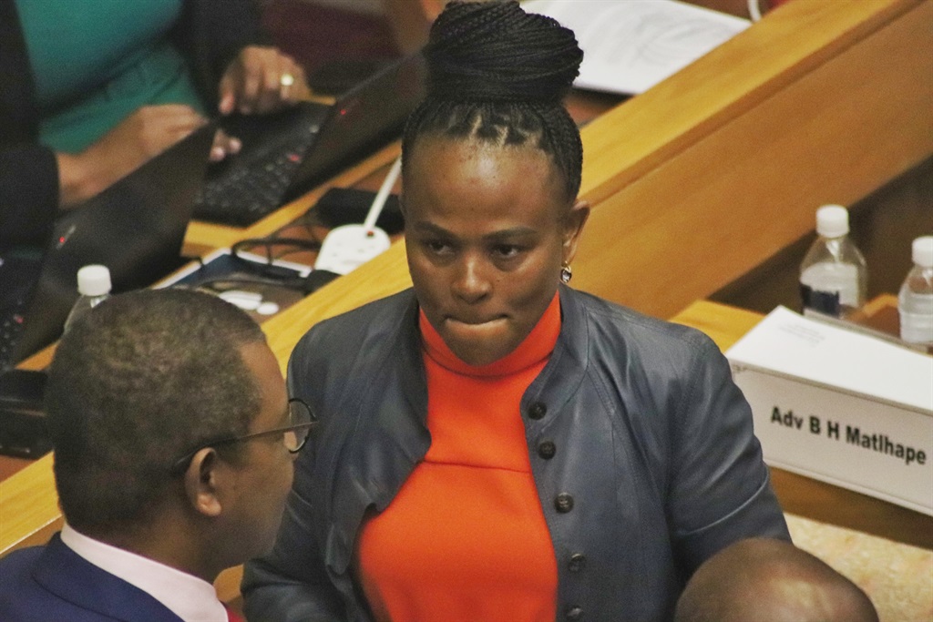 Public Protector Busisiwe Mkhwebane as her impeachment hearing broke for lunch on Thursday. 