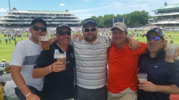 <p><strong>FANS</strong></p><p>Golfer wannabe Jaco du Plessis (centre) - and mates - enjoying Day 1 at Newlands (via Facebook)</p>