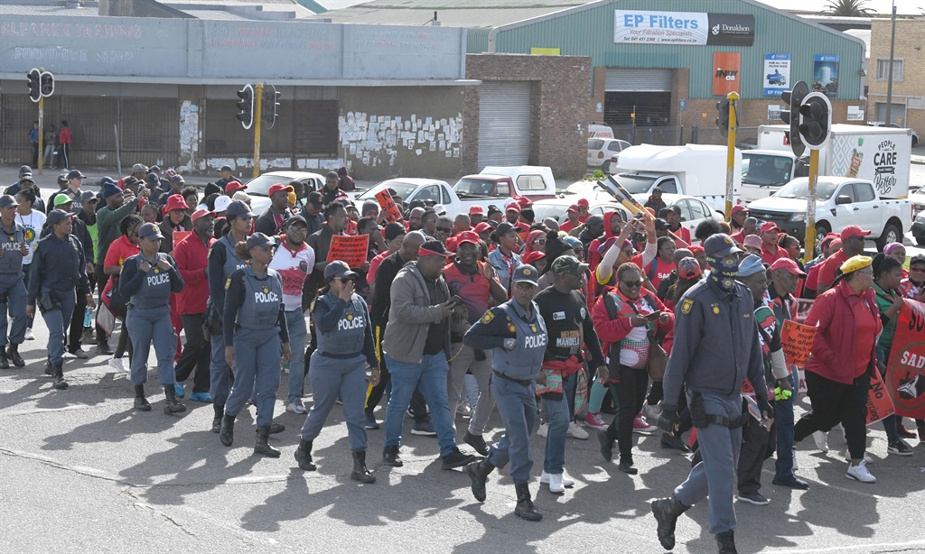 Cosatu members protesting last Thursday during the National Day Of Action in Gqeberha. (Photo by Gallo Images/Die Burger/Lulama Zenzile)