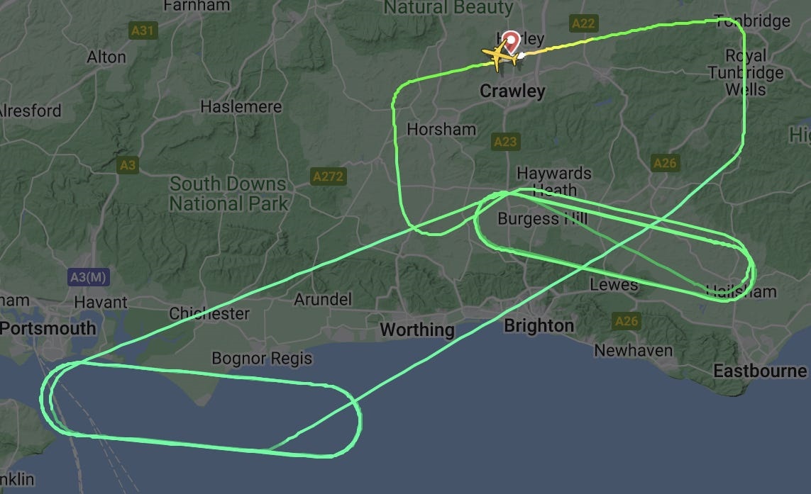 Screenshot of Vueling flight circling the UK coast after taking off from London Gatwick airport. FlightRadar24