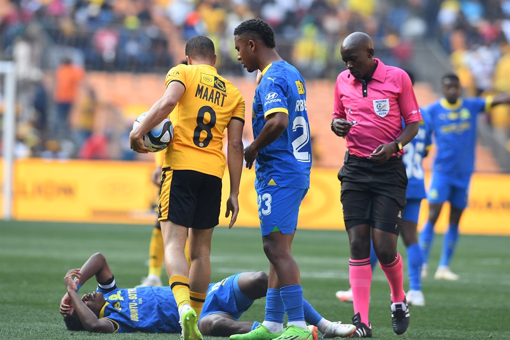 Mamelodi Sundowns captain Themba Zwane injured during the MTN8 semi final, 1st leg match between Kaizer Chiefs and Mamelodi Sundowns at FNB Stadium on September 02, 2023 in Johannesburg, South Africa.